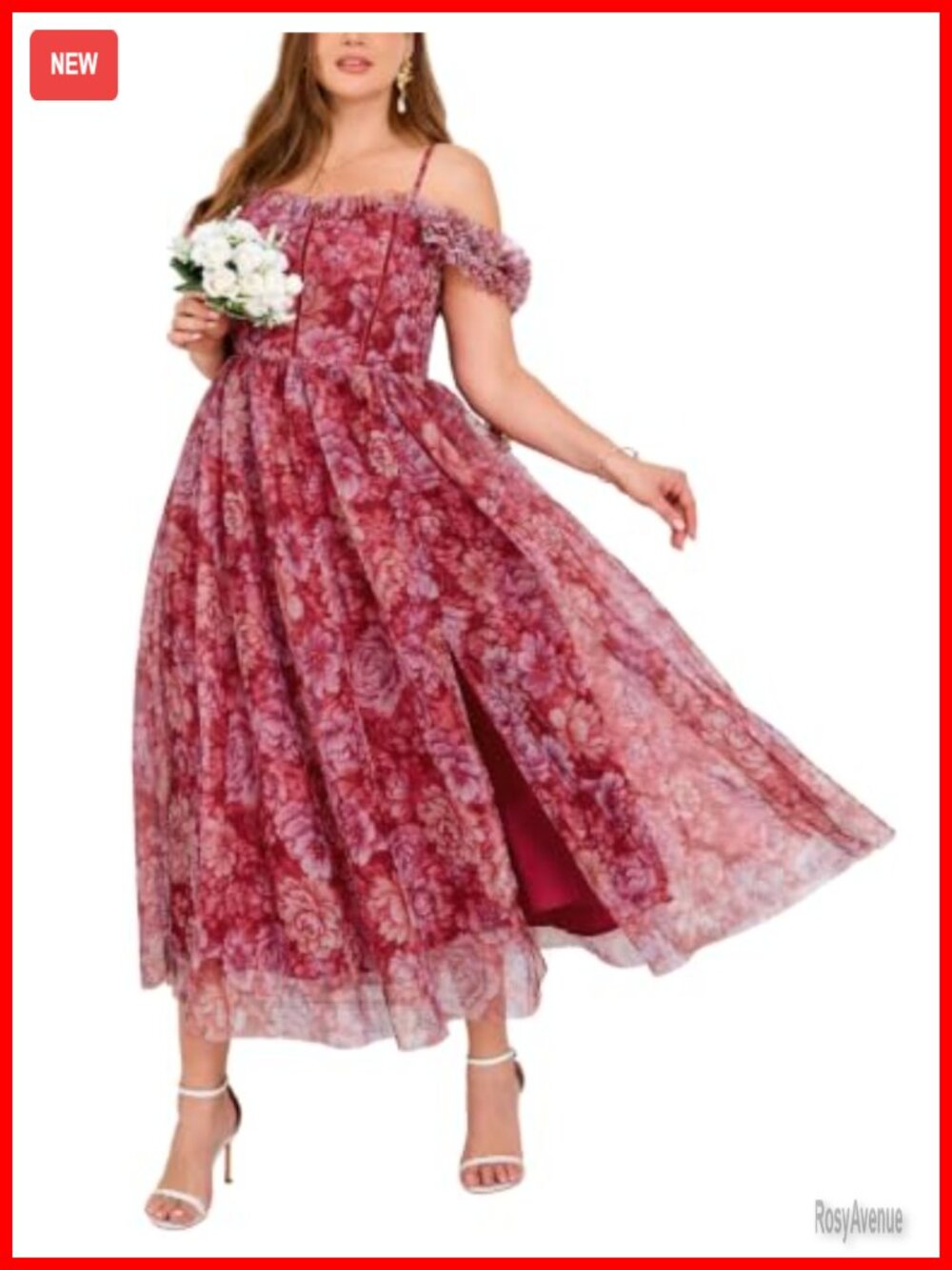 Plus Size Tulle Floral Formal Midi Dress with Slit Adjustable Straps